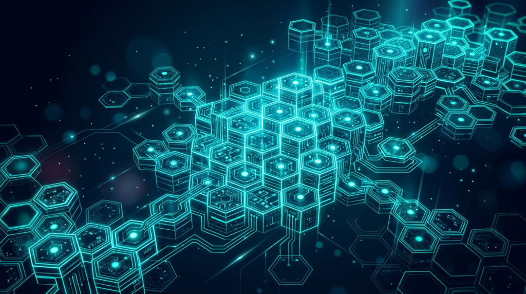 The three engineering principles behind reliable AI-assisted product development 2 Glowing hexagonal network representing modular architecture for AI-assisted product development