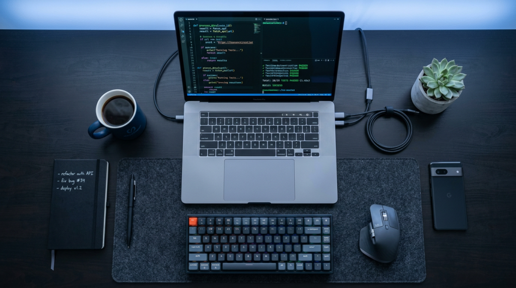 Developer workspace for AI-assisted product development with multiple screens showing code