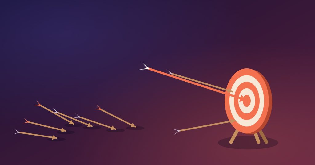 Flat illustration of an archery target on a stand: many arrows fall short while one well-aimed arrow hits the bullseye, a metaphor for sharp positioning making a validation experiment land