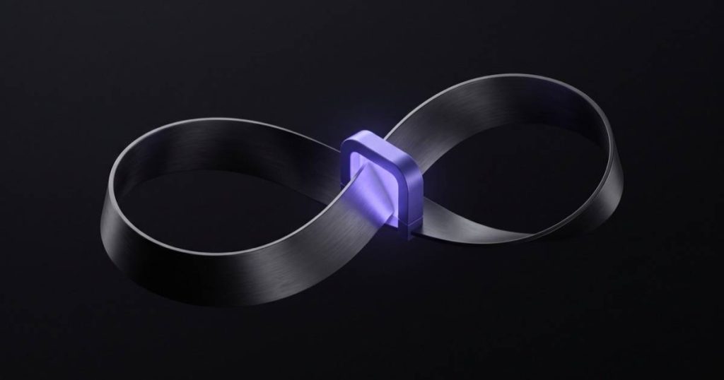 An endless loop of dark brushed metal running through a single glowing violet gate, the only source of light in the scene
