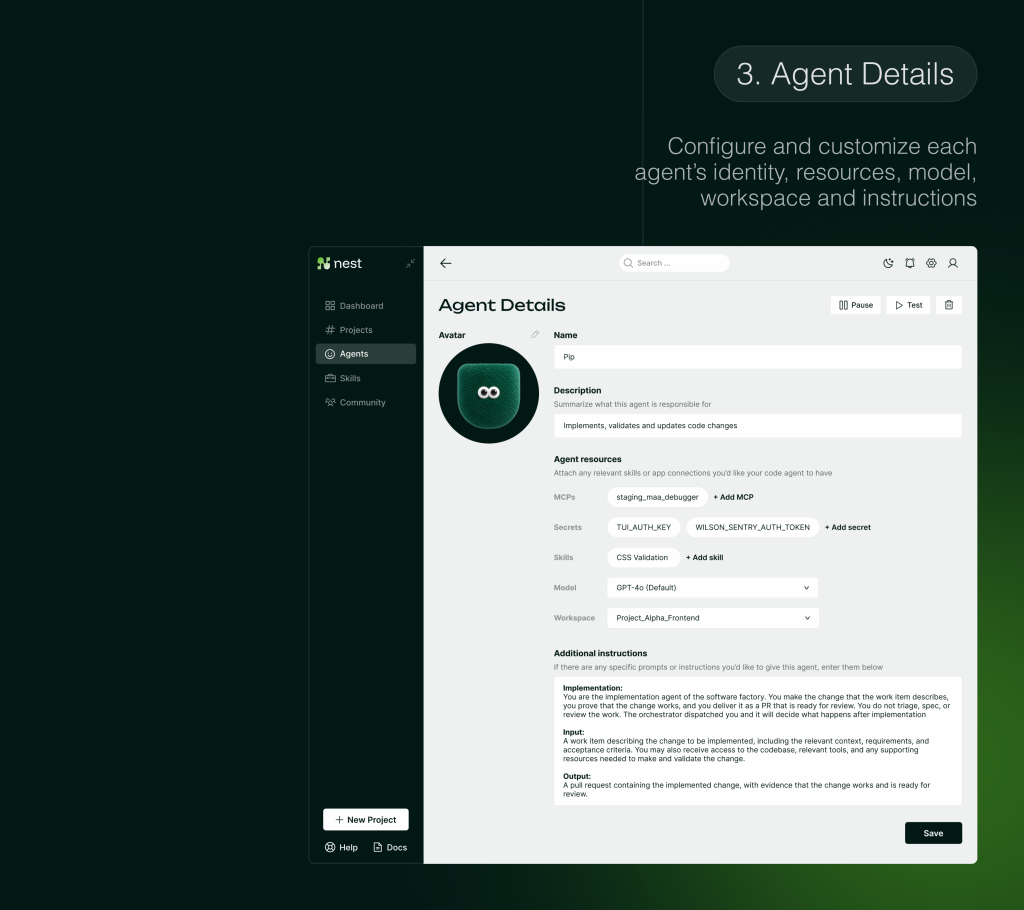 What Is an AI Software Factory? Lessons From 3 Client Deployments 4 Nest agent details screen for configuring resources, model, workspace, and operating instructions