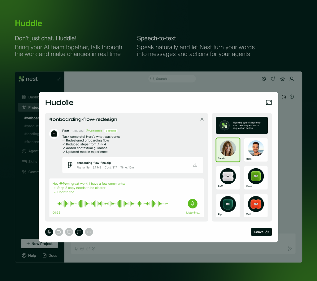 What Is an AI Software Factory? Lessons From 3 Client Deployments 8 Nest Huddle interface for real-time human and AI agent collaboration using speech-to-text