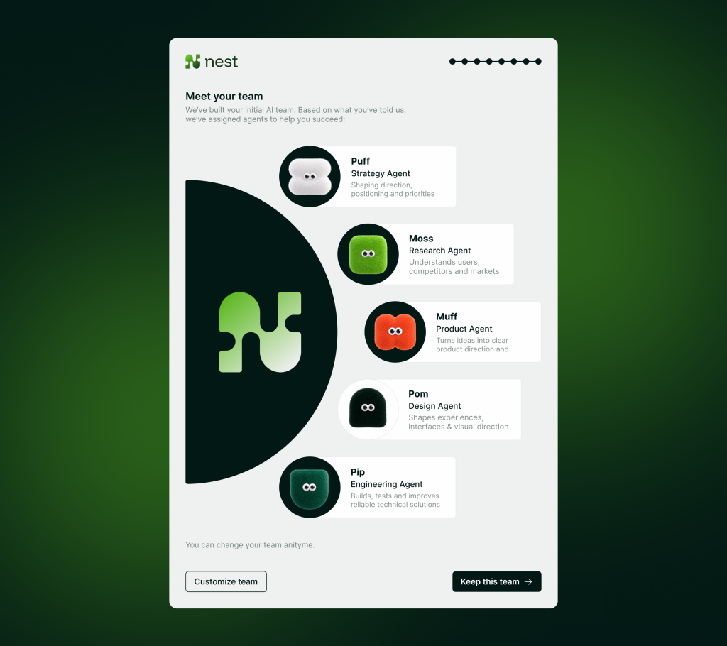 What Is an AI Software Factory? Lessons From 3 Client Deployments 6 Nest onboarding screen introducing strategy, research, product, design, and engineering AI agents