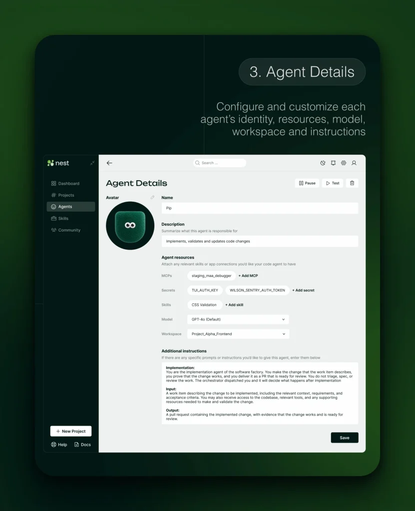 What Is an AI Software Factory? Lessons From 3 Client Deployments 4 Nest agent details screen for configuring resources, model, workspace, and operating instructions