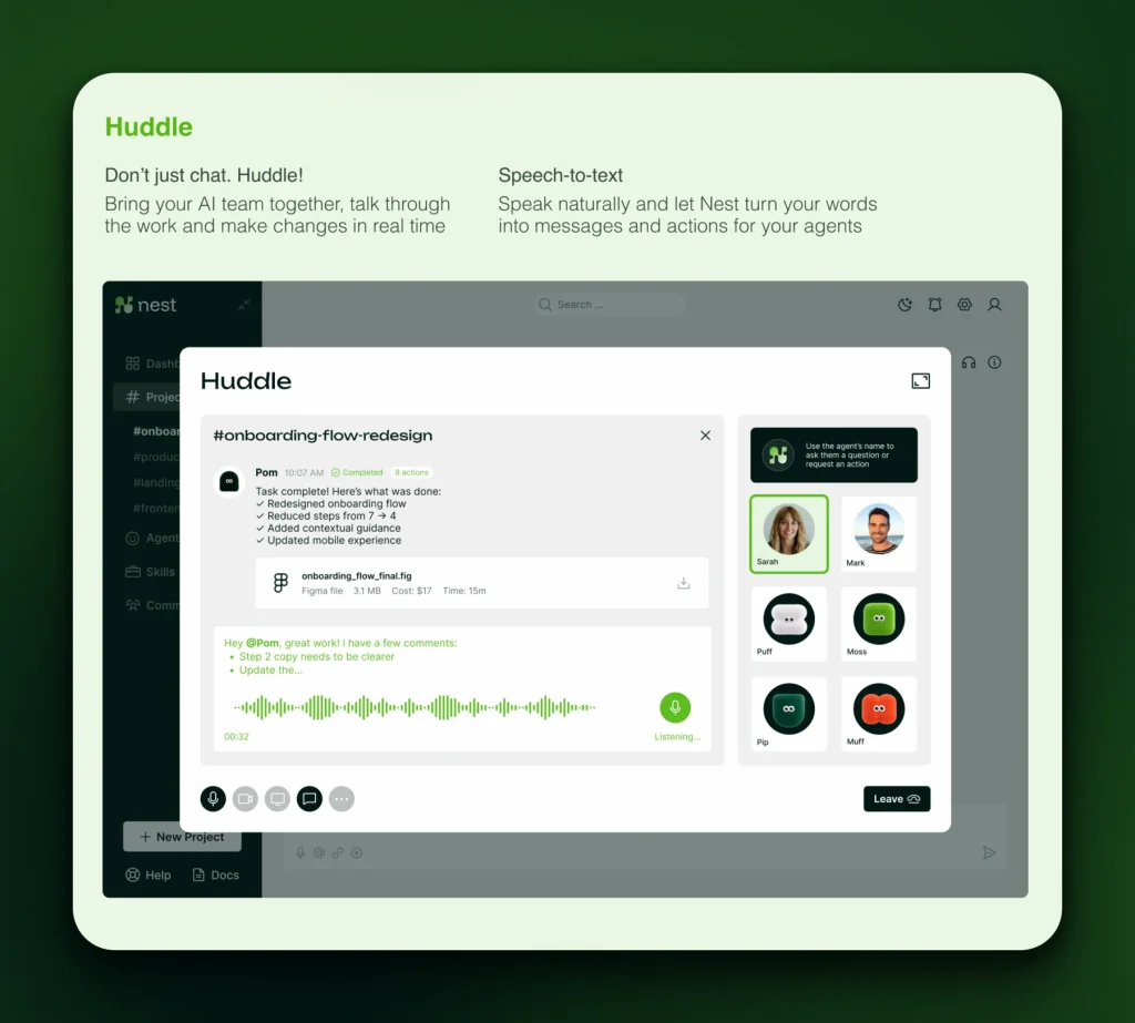 What Is an AI Software Factory? Lessons From 3 Client Deployments 8 Nest Huddle interface for real-time human and AI agent collaboration using speech-to-text