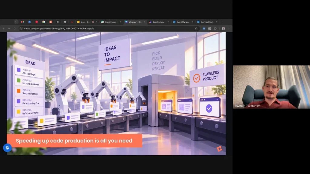 Don't Get Fooled by Dark Software Factory Vendors: 3 Fallacies Every Buyer Should Challenge 1 Dark software factory webinar slide about faster code and software delivery