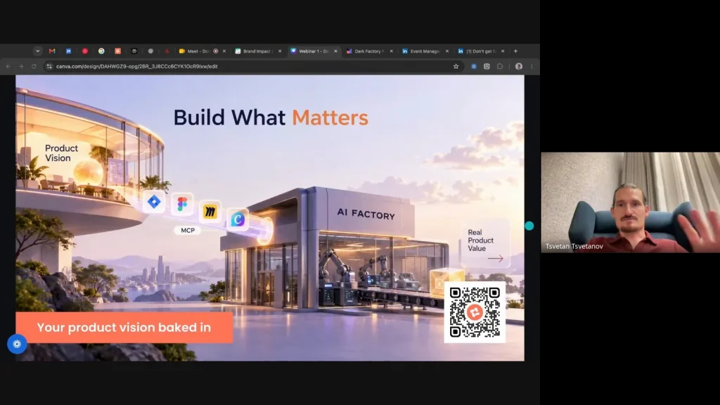 Don't Get Fooled by Dark Software Factory Vendors: 3 Fallacies Every Buyer Should Challenge 3 Dark software factory webinar slide showing product vision inside the AI factory