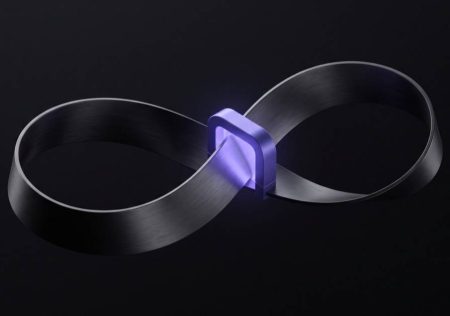 An endless loop of dark brushed metal running through a single glowing violet gate, the only source of light in the scene