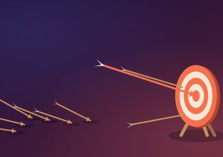 Flat illustration of an archery target on a stand: many arrows fall short while one well-aimed arrow hits the bullseye, a metaphor for sharp positioning making a validation experiment land